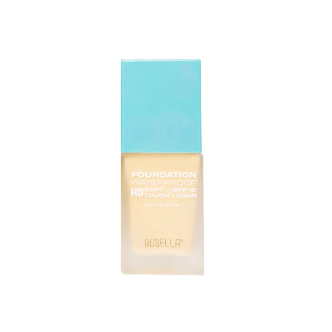 Rosella waterproof foundation, frosted square bottle with turquoise cap, SPF15, matte finish