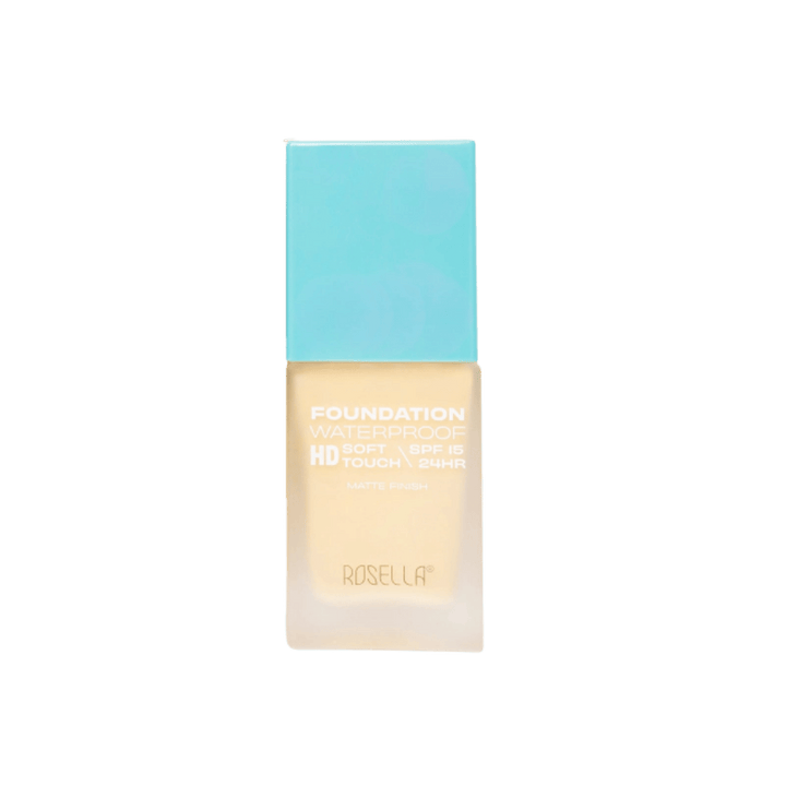 Rosella waterproof foundation, frosted square bottle with turquoise cap, SPF15, matte finish
