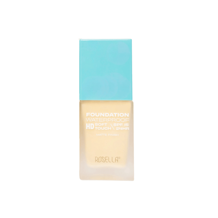 Rosella waterproof foundation, frosted square bottle with turquoise cap, SPF15, matte finish