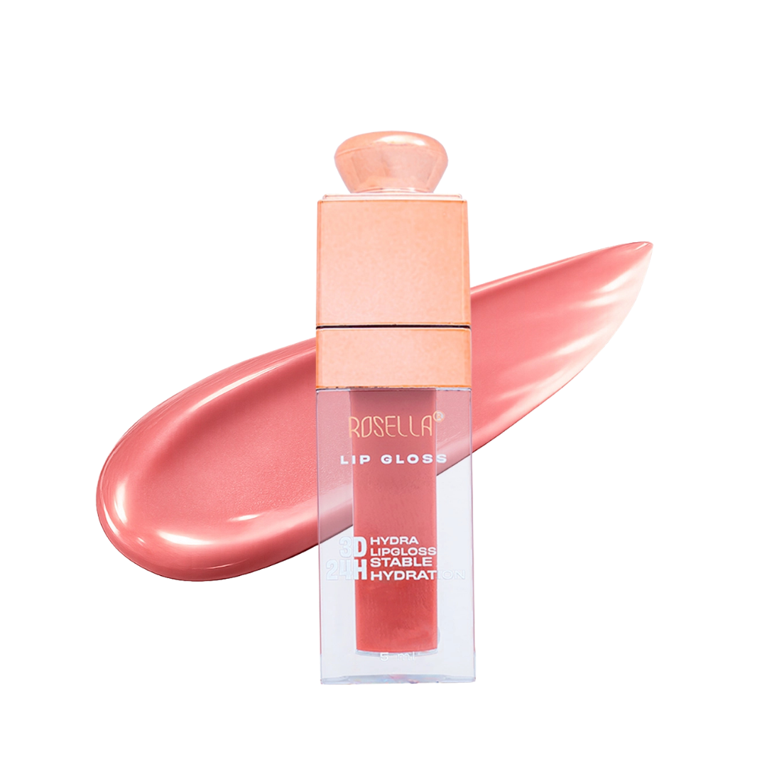 ROSELLA Lip Gloss 5ml in clear rectangular tube with peach cap and pink glossy swatch