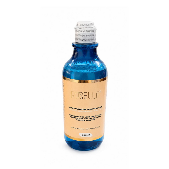 ROSELLA Multi-Purpose Lens Solution in blue bottle with beige label and white cap, 360ml