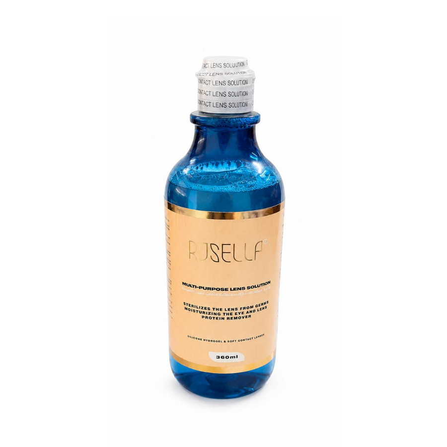 ROSELLA Multi-Purpose Lens Solution in blue bottle with beige label and white cap, 360ml