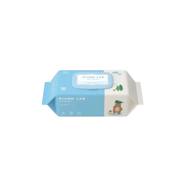 Round Lab wet wipes 70-count blue and white pack with bear illustration and flip-top lid
