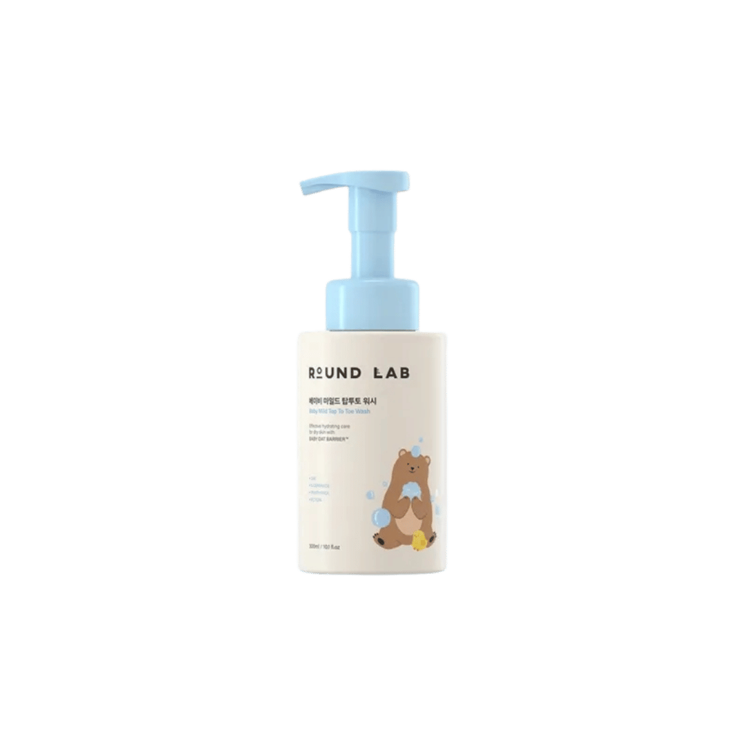 Round Lab Baby Mild Top To Toe Wash, 300ml, white pump bottle with blue dispenser.