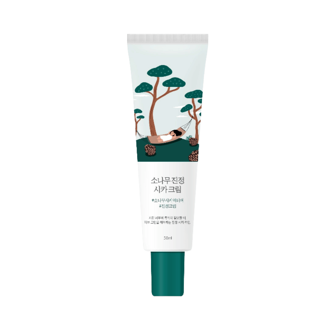 Korean pine soothing cica cream 50ml in white tube with forest illustration and green cap