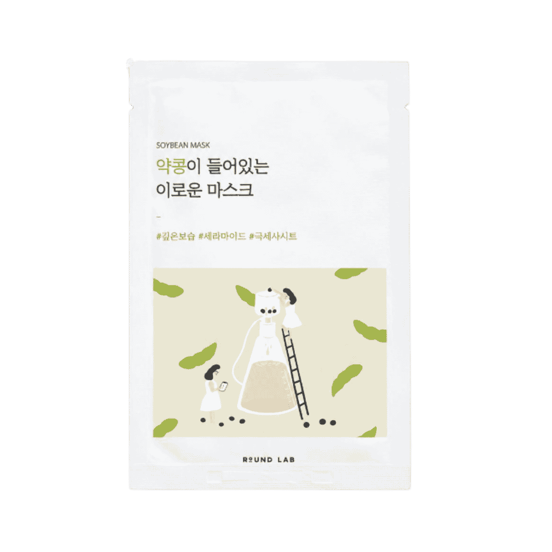 ROUND LAB Soybean Nourishing Mask, 27ml sheet mask pouch with illustrated soybean design and white packaging.