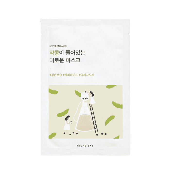ROUND LAB Soybean Nourishing Mask, 27ml sheet mask pouch with illustrated soybean design and white packaging.