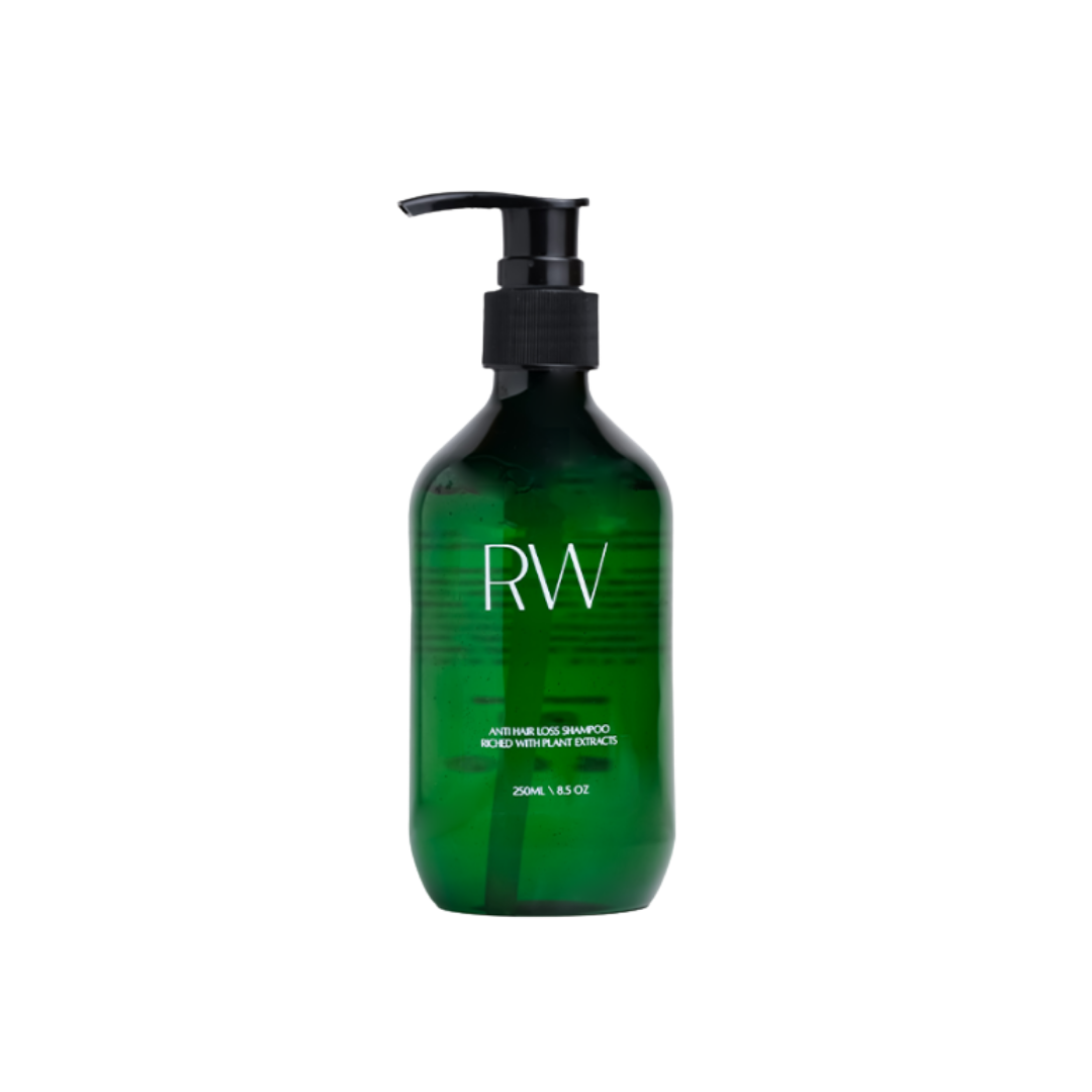 RW Anti Hair Loss Shampoo, 250ml, green bottle with pump, contains plant extracts.