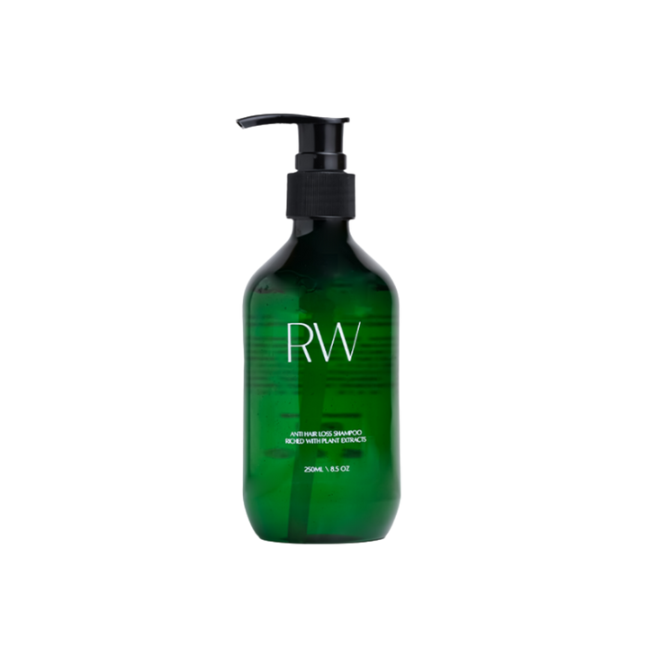 RW Anti Hair Loss Shampoo, 250ml, green bottle with pump, contains plant extracts.
