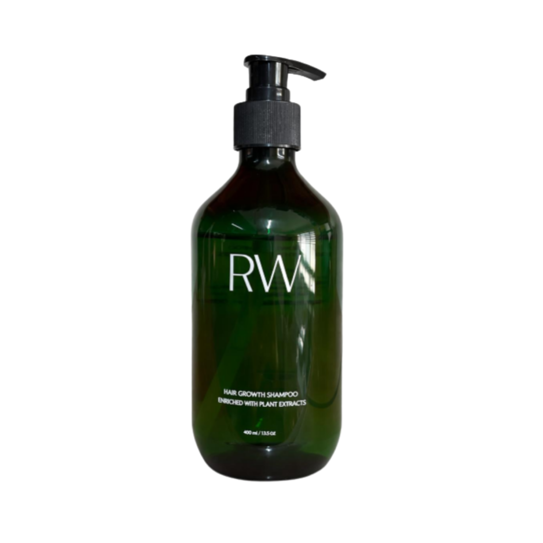 RW Hair Growth Shampoo in a 400 ml bottle, enriched with plant extracts, designed for promoting hair growth.