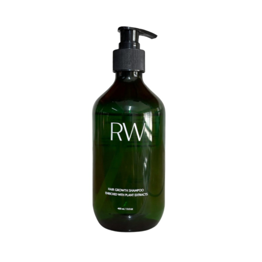 RW Hair Growth Shampoo in a 400 ml bottle, enriched with plant extracts, designed for promoting hair growth.