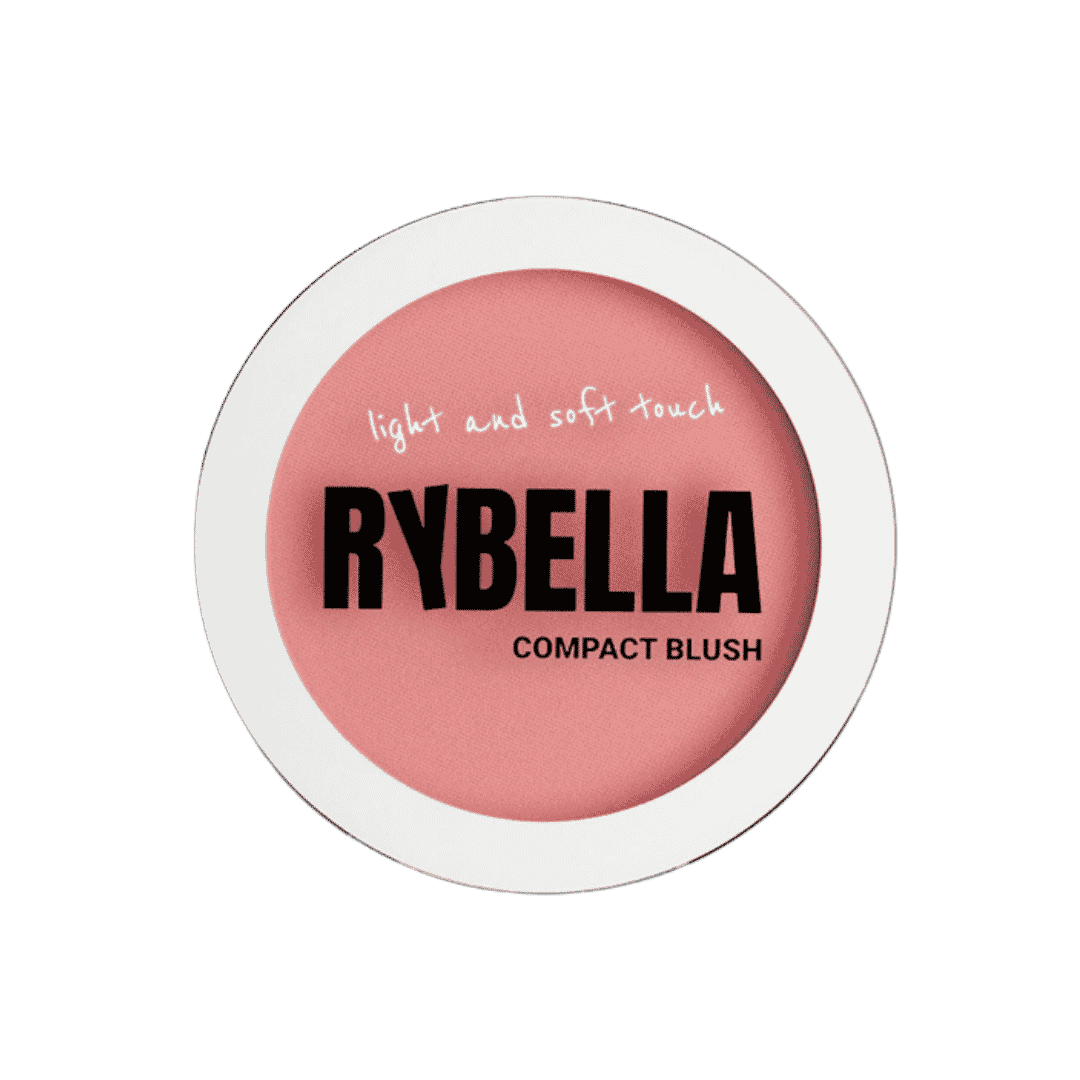 Rybella compact blush, soft pink shade, round pan with white rim, light soft-touch finish