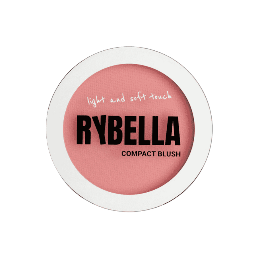 Rybella compact blush, soft pink shade, round pan with white rim, light soft-touch finish