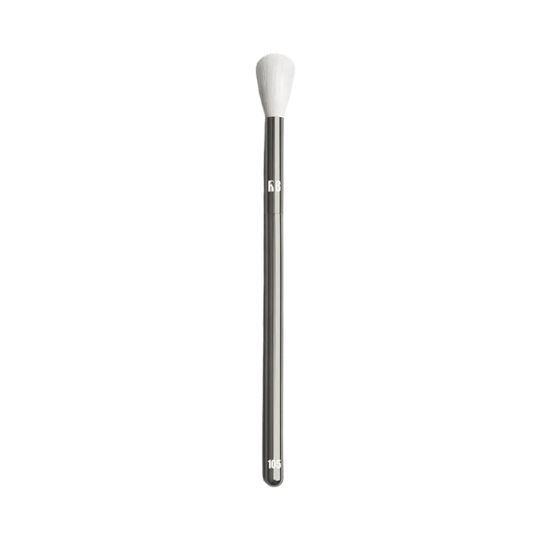 RYBELLA medium powder face brush with white handle and dense black and white bristles