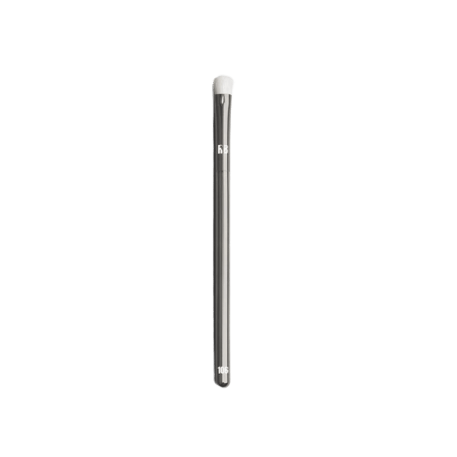 Rybella makeup brush 106, small rounded white bristles with metallic handle, precision eye brush