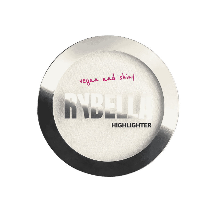 Rybella highlighter, champagne shimmer shade, round pan with silver rim, vegan shiny finish