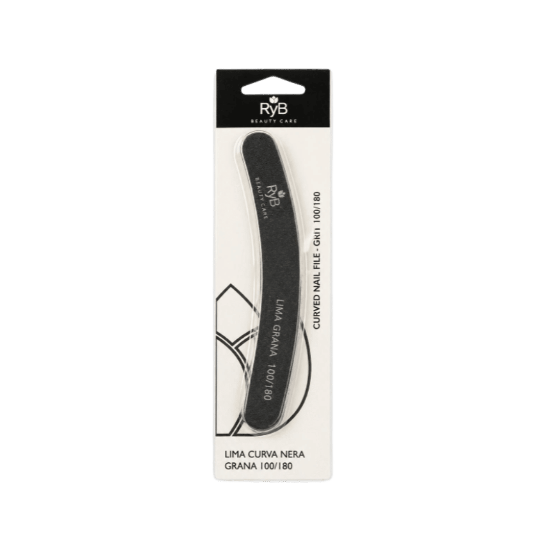 Rybella curved nail file 100/180 grit in packaging, black emery board manicure tool