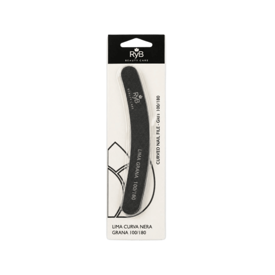 Rybella curved nail file 100/180 grit in packaging, black emery board manicure tool