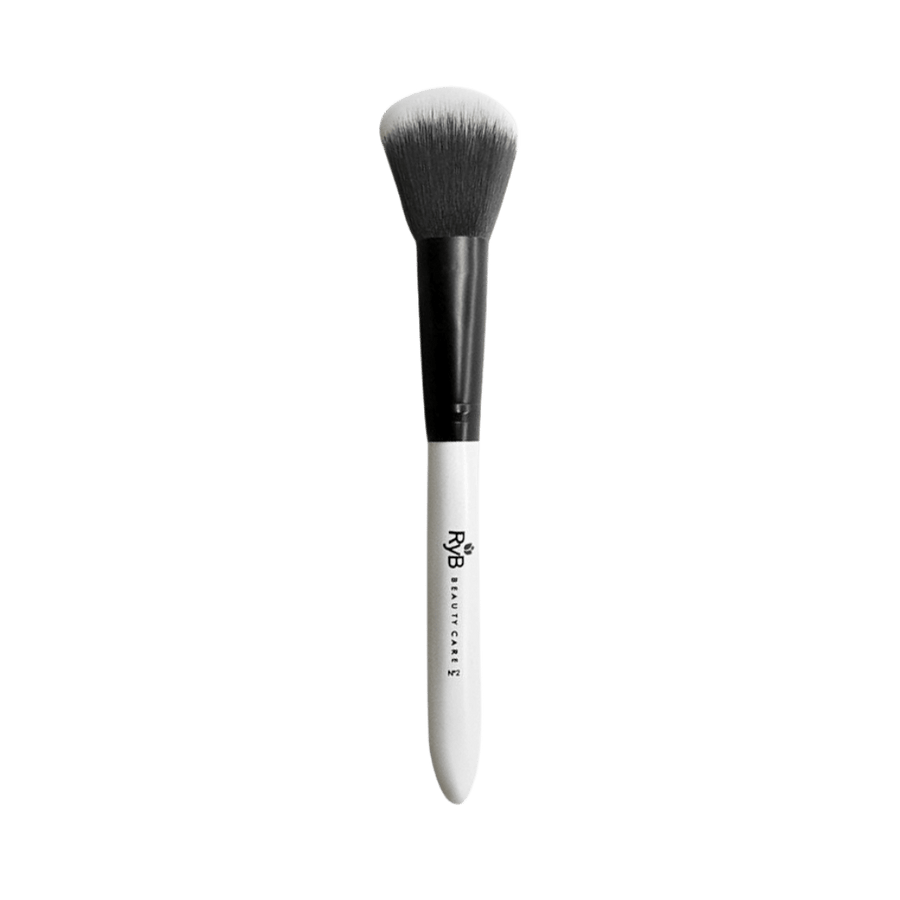 RYBELLA medium powder face brush with white handle and dense black and white bristles