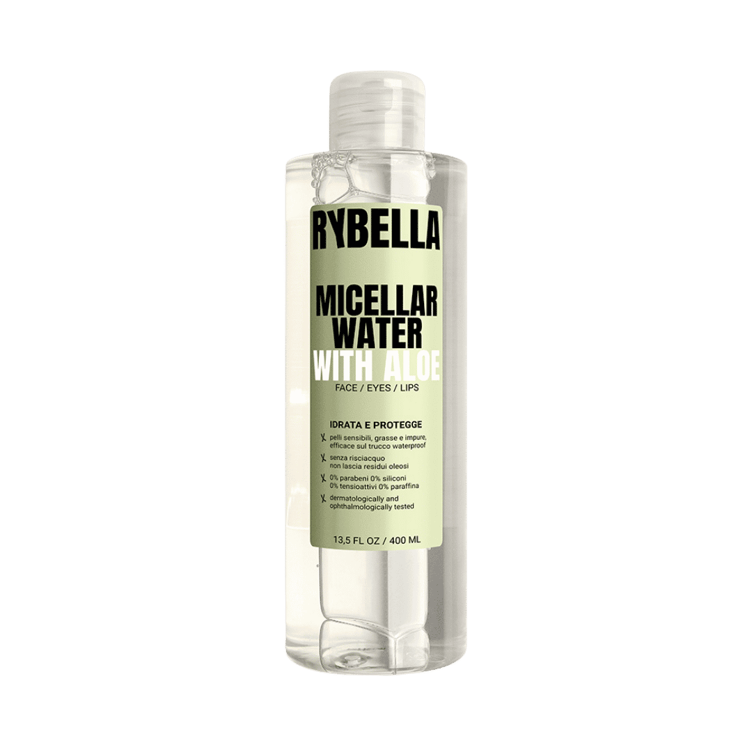Rybella micellar water with aloe vera 400ml clear plastic bottle green label flip cap face cleanser