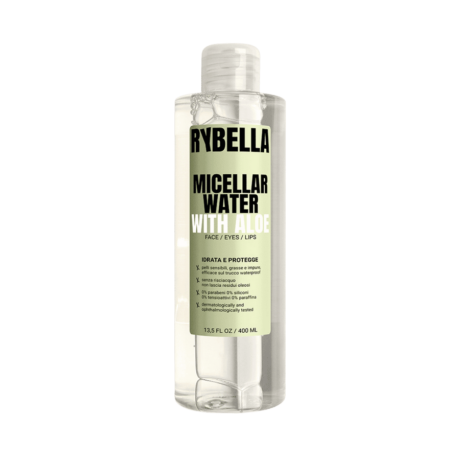 Rybella micellar water with aloe vera 400ml clear plastic bottle green label flip cap face cleanser