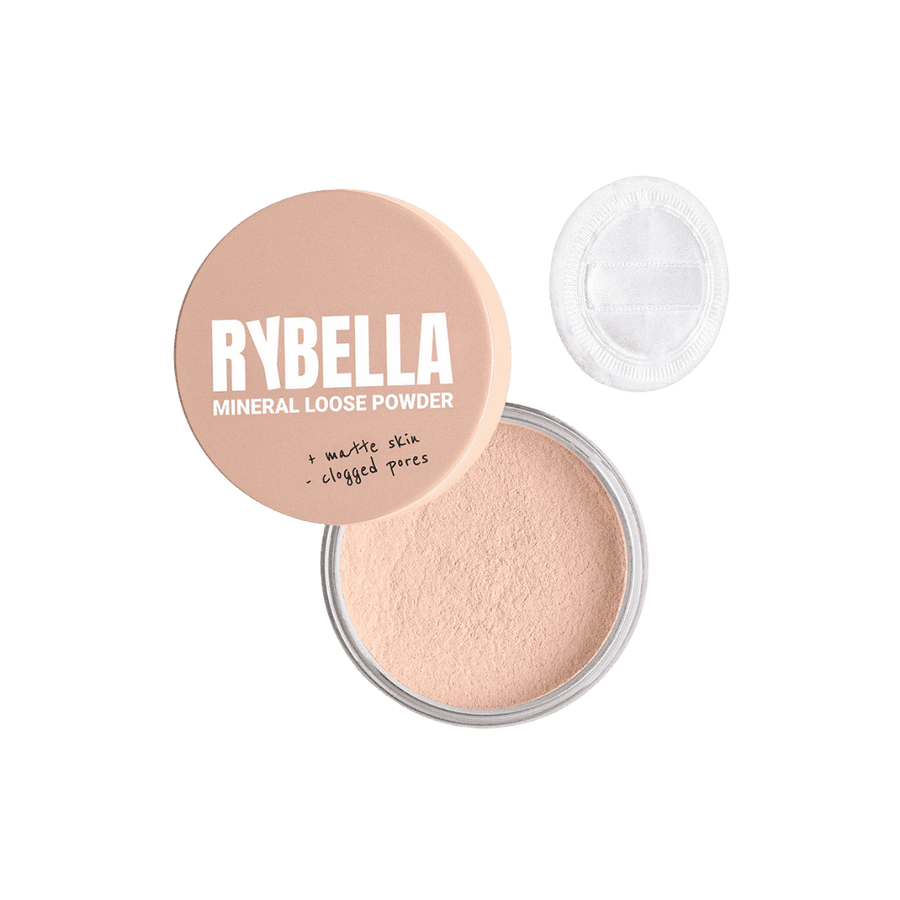 Rybella Mineral Loose Powder, light beige shade, round jar with sifter and puff, matte finish