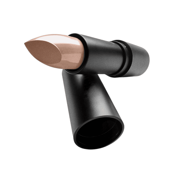 Rybella nude lipstick bullet in black tube creamy beige shade open cap cosmetic packaging