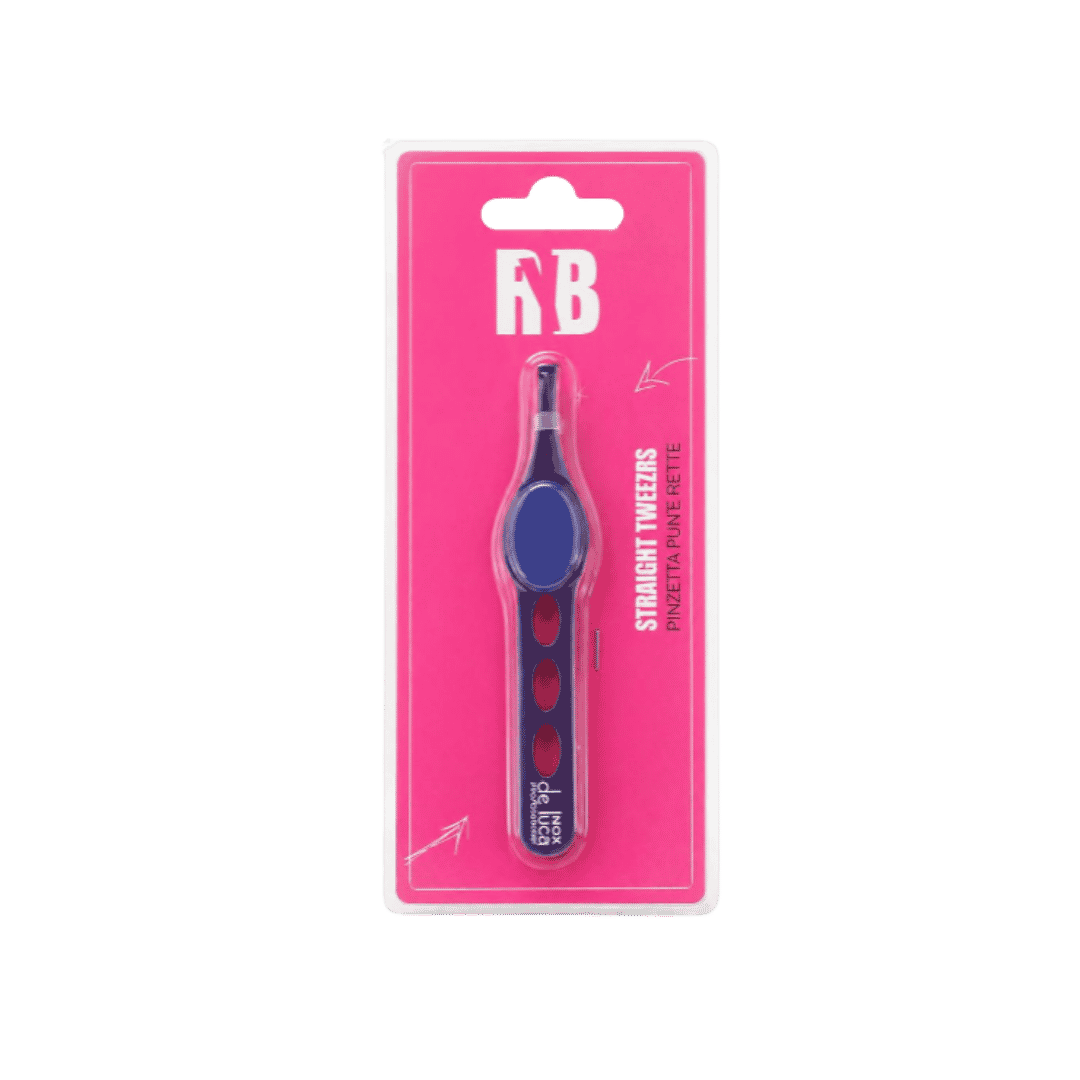 Rybella straight tweezers in blister packaging, precision eyebrow tweezers with blue grip handle