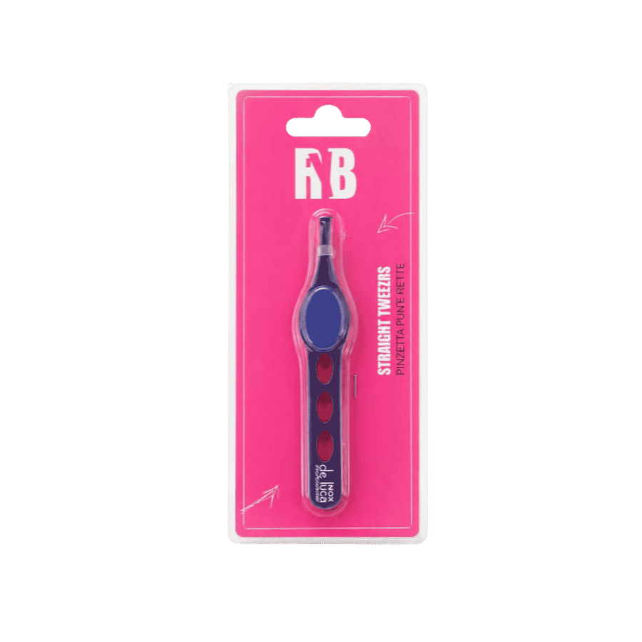 Rybella straight tweezers in blister packaging, precision eyebrow tweezers with blue grip handle