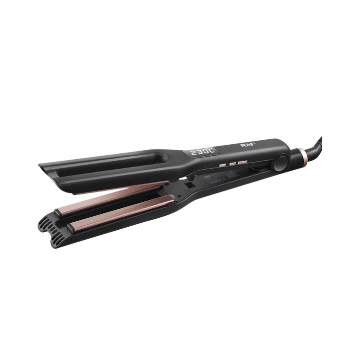 RAF 4 plate hair straightener, black with copper plates, digital display 230°C, corded design.
