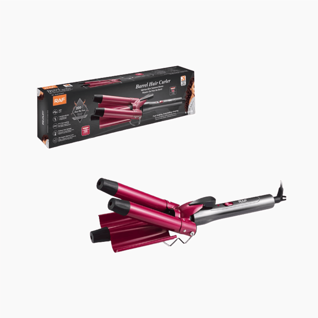 RAF triple barrel hair curler with pink ceramic barrels and retail box packaging.