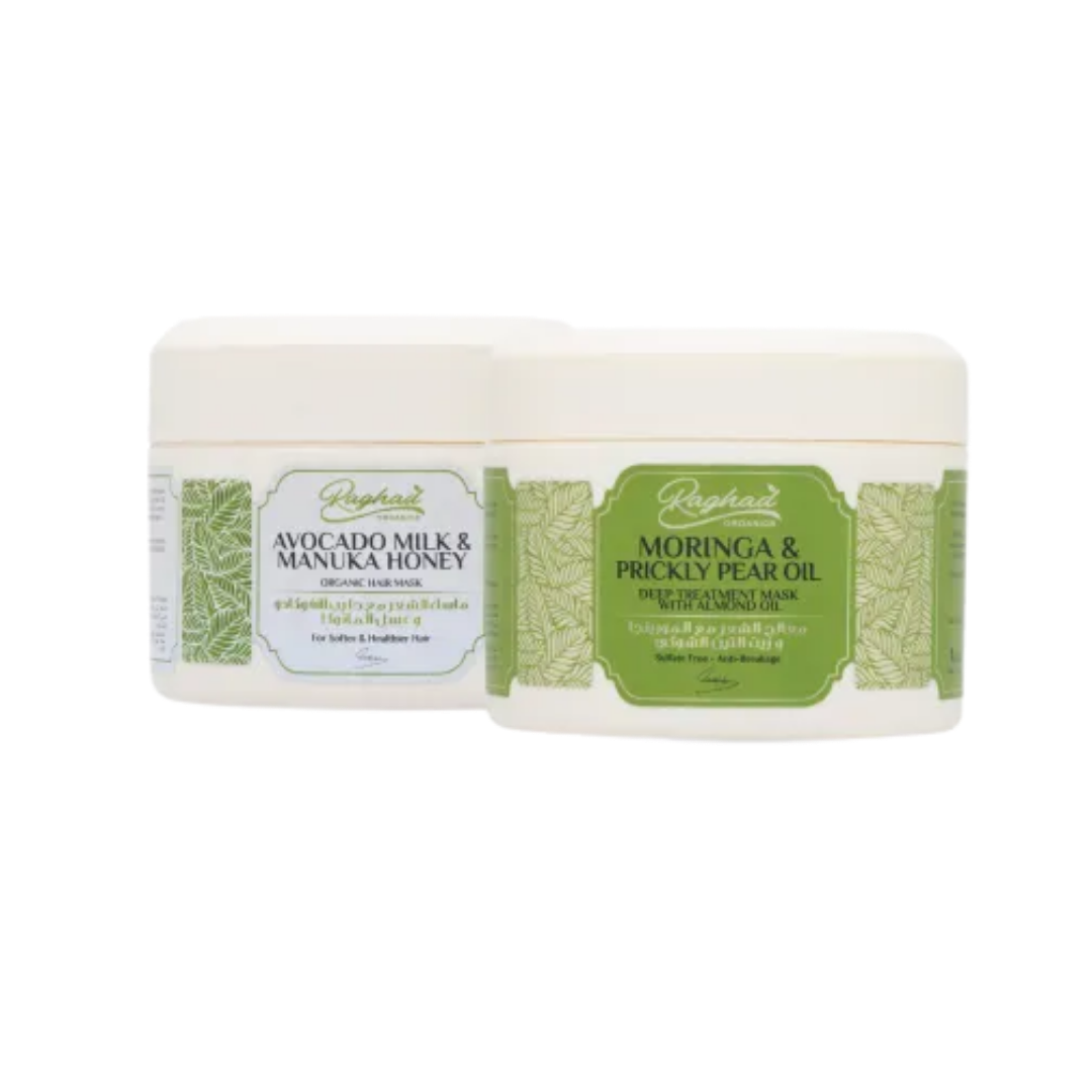 Raghad Organics hair mask jars, Avocado Milk Manuka Honey and Moringa Prickly Pear Oil, white packaging
