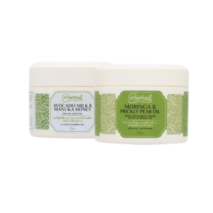 Raghad Organics hair mask jars, Avocado Milk Manuka Honey and Moringa Prickly Pear Oil, white packaging
