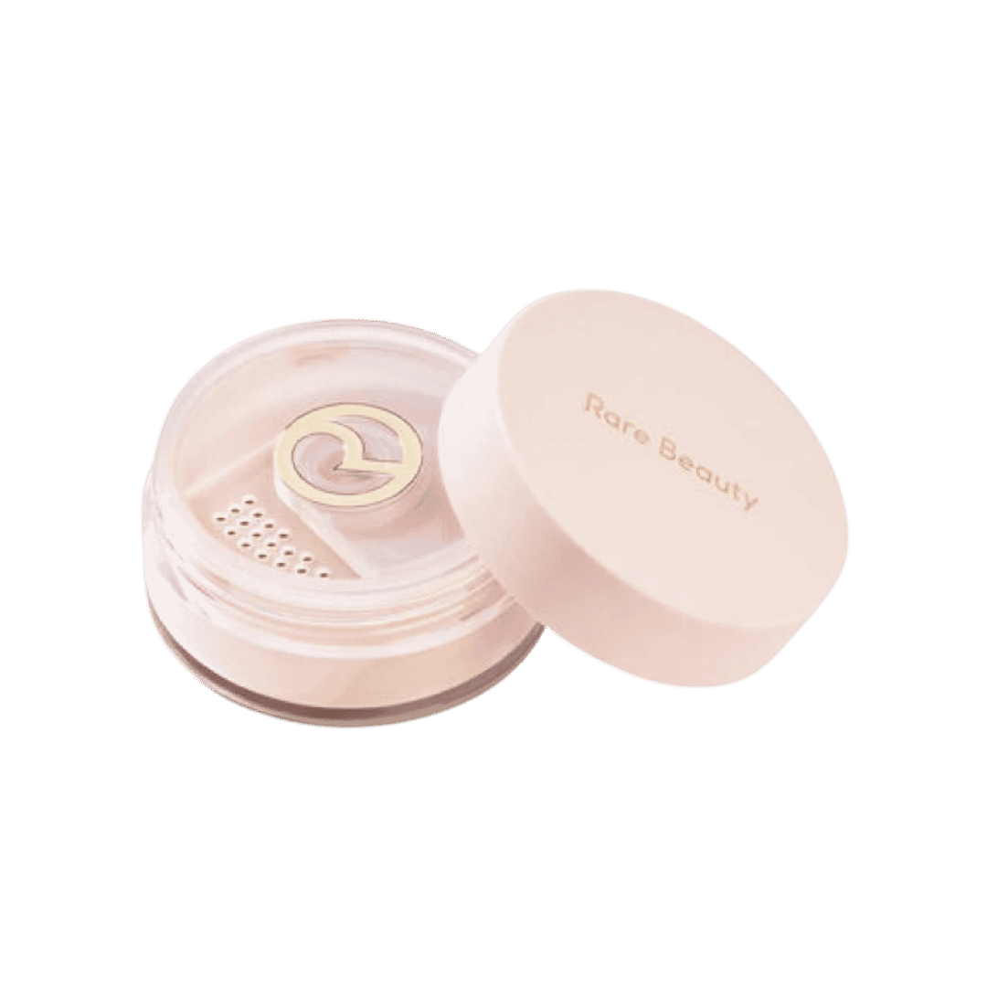 Rare Beauty loose setting powder in clear jar with pale pink lid and sifter insert