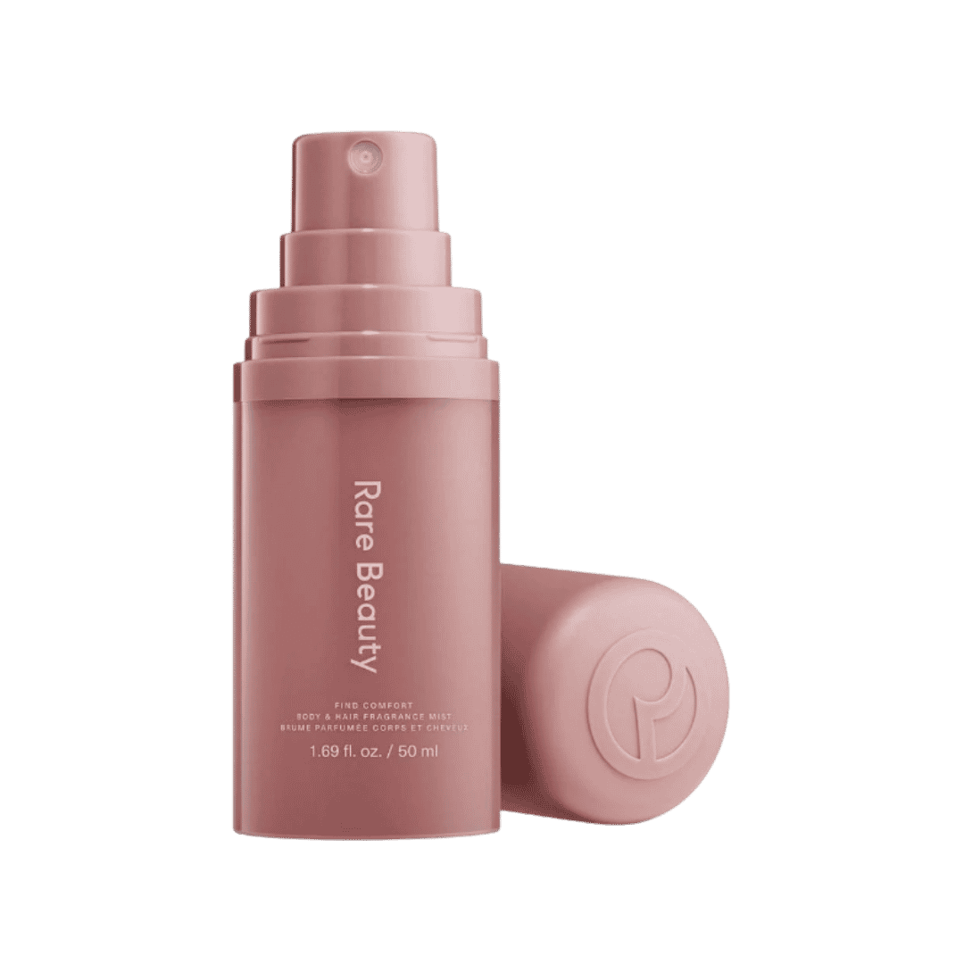 Rare Beauty Find Comfort body and hair fragrance mist, 50 ml pink spray bottle