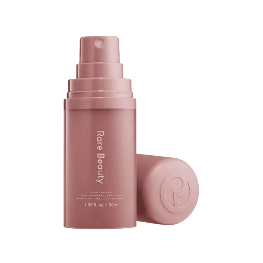 Rare Beauty Find Comfort body and hair fragrance mist, 50 ml pink spray bottle