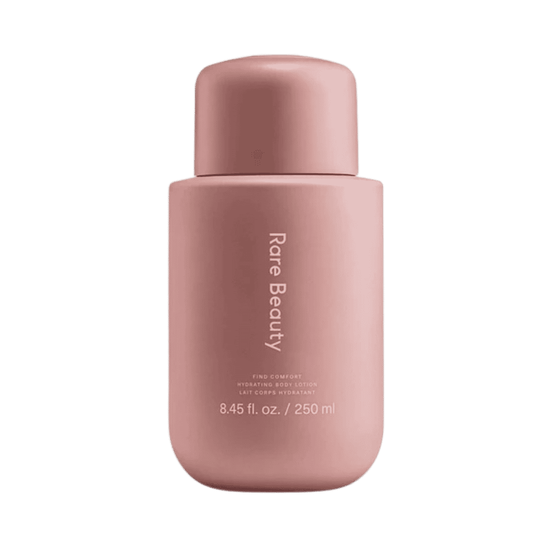 Rare Beauty Find Comfort Hydrating Body Lotion 250ml in pink rounded bottle with matching cap