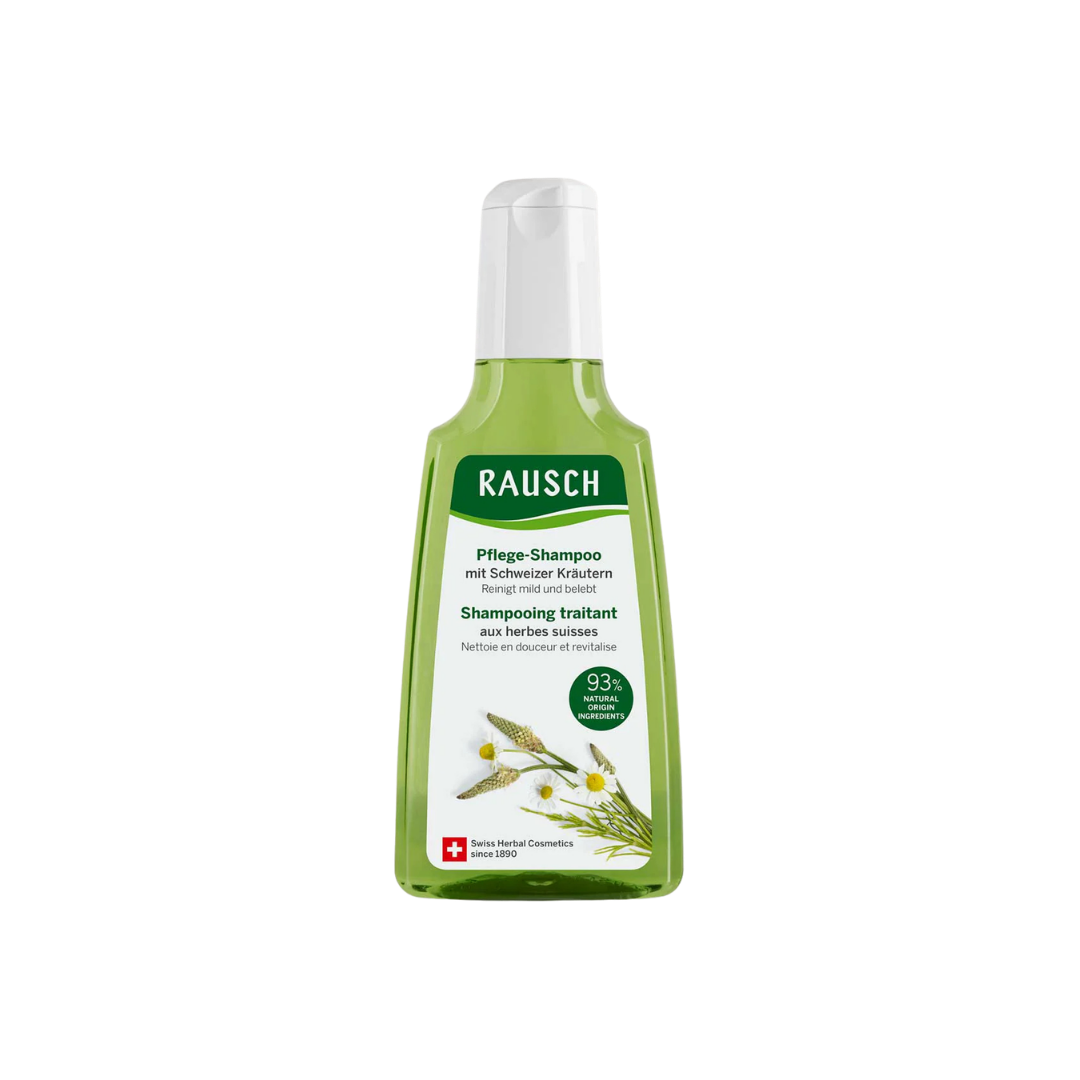 Rausch Pflege Shampoo, green bottle with white cap, Swiss herbal shampoo with 93% natural origin ingredients