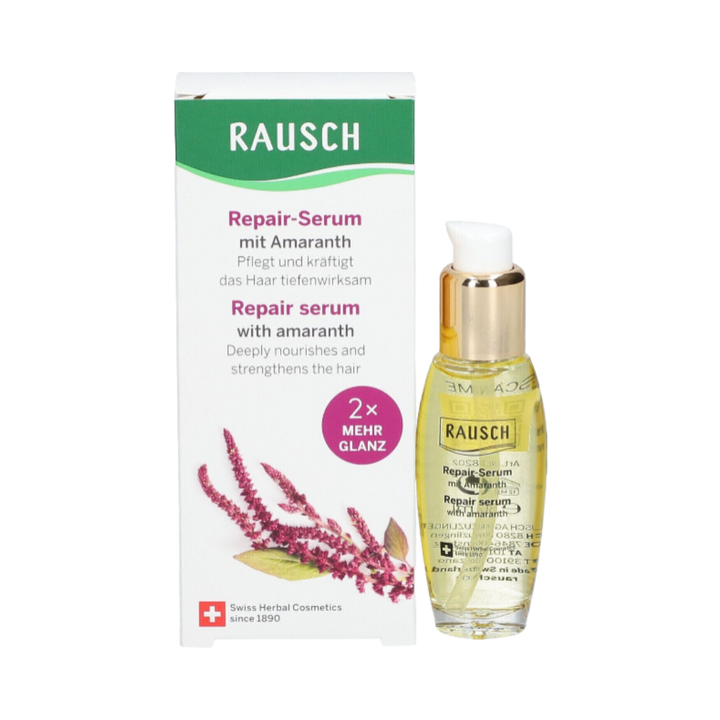 Rausch Repair Serum with amaranth, clear 30 ml pump bottle with gold collar and matching box.