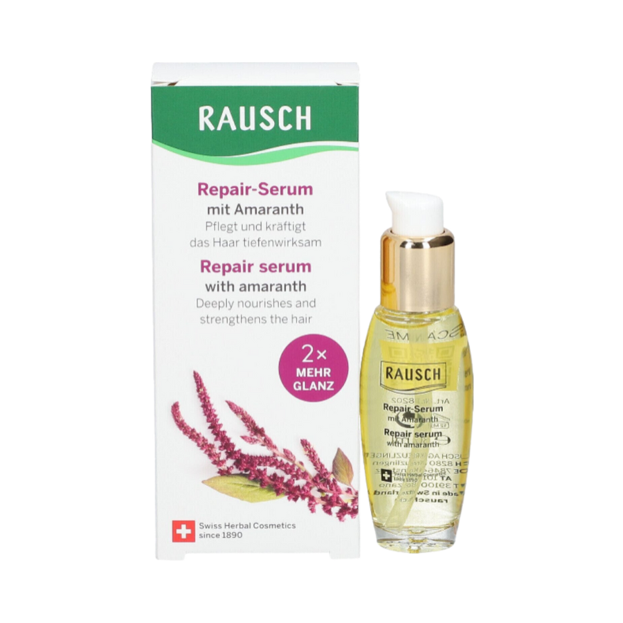 Rausch Repair Serum with amaranth, clear 30 ml pump bottle with gold collar and matching box.