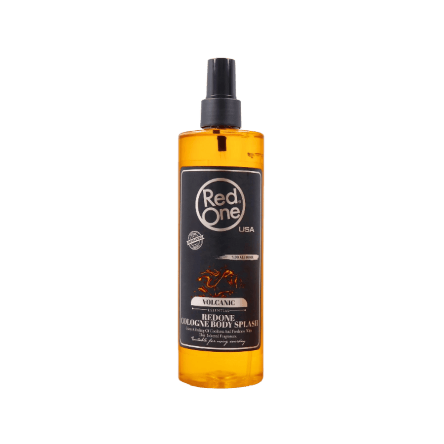 Red One USA Volcanic cologne body splash spray bottle, amber liquid fragrance mist for body, black label packaging.
