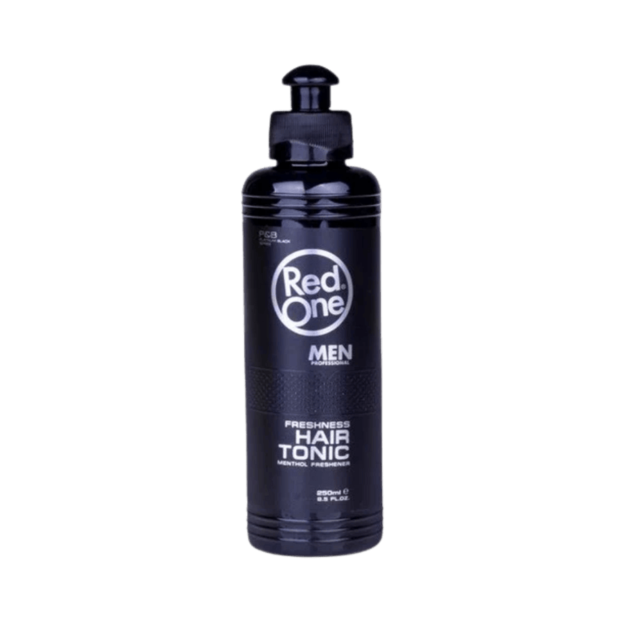 Red One Men Freshness Hair Tonic, 250ml, Menthol Freshener, black bottle with a screw cap.
