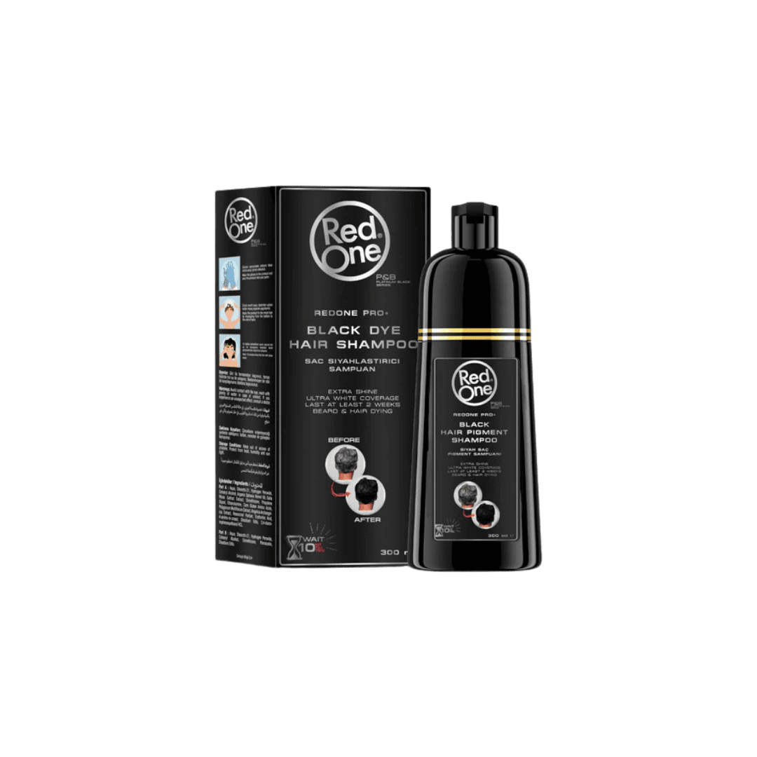 Red One Pro Black Dye hair shampoo bottle with box, hair coloring shampoo for beard and hair, 300ml black packaging.