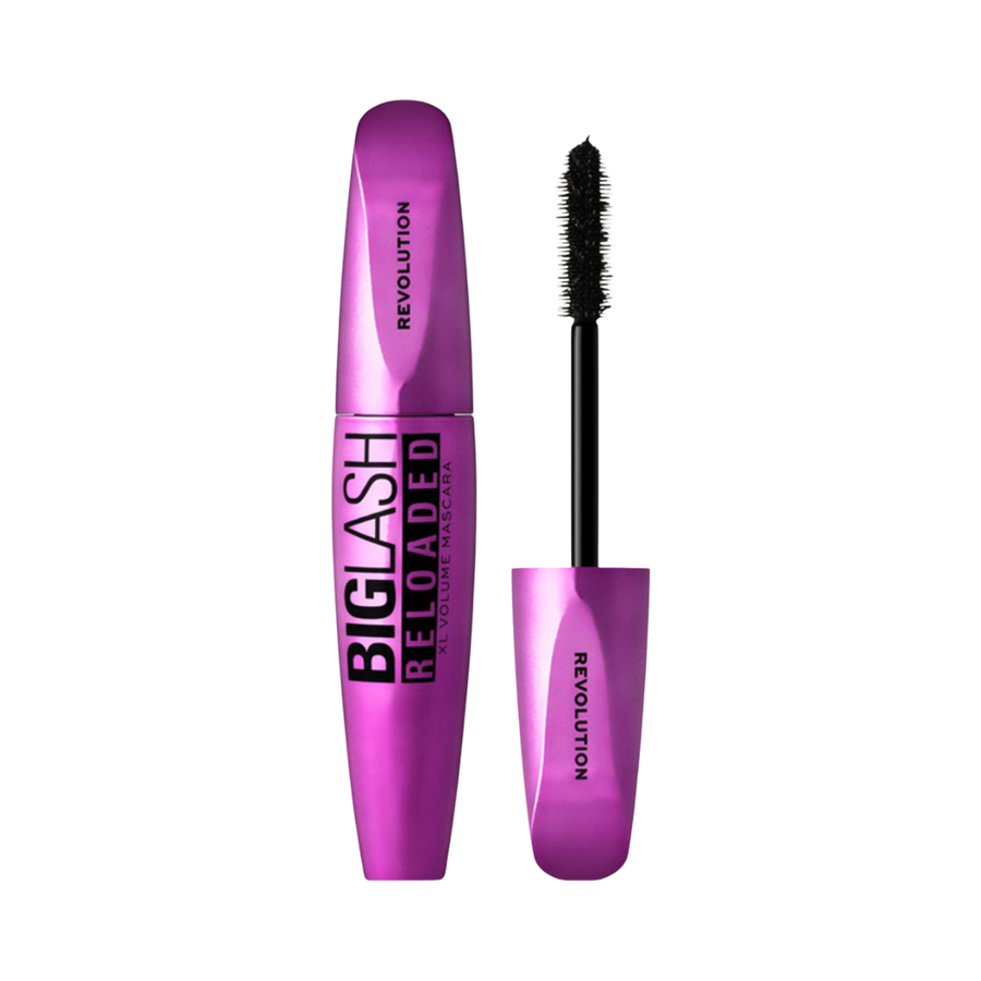 Revolution Big Lash Reloaded XL Volume mascara in black, purple tube packaging with wide bristle brush applicator