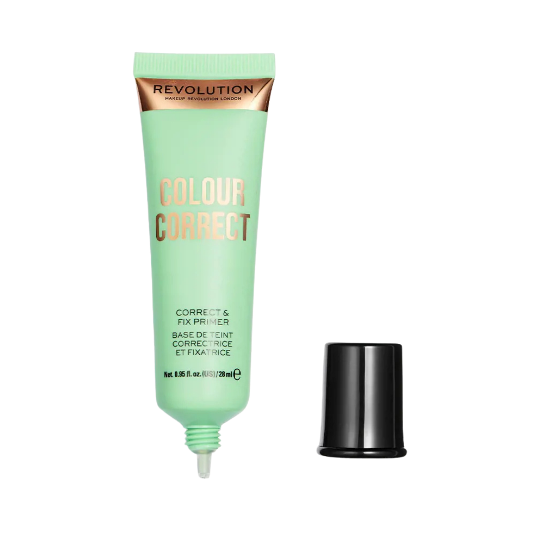 Makeup Revolution Colour Correct Correct & Fix Primer, green tube with black cap, 28 ml.