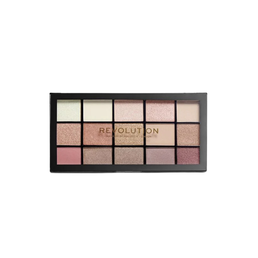 Revolution eyeshadow palette with fifteen neutral shades, matte and shimmer finishes, black rectangular compact with clear lid