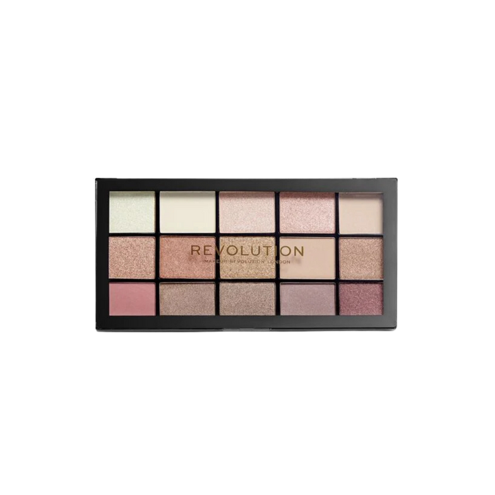 Revolution eyeshadow palette with fifteen neutral shades, matte and shimmer finishes, black rectangular compact with clear lid