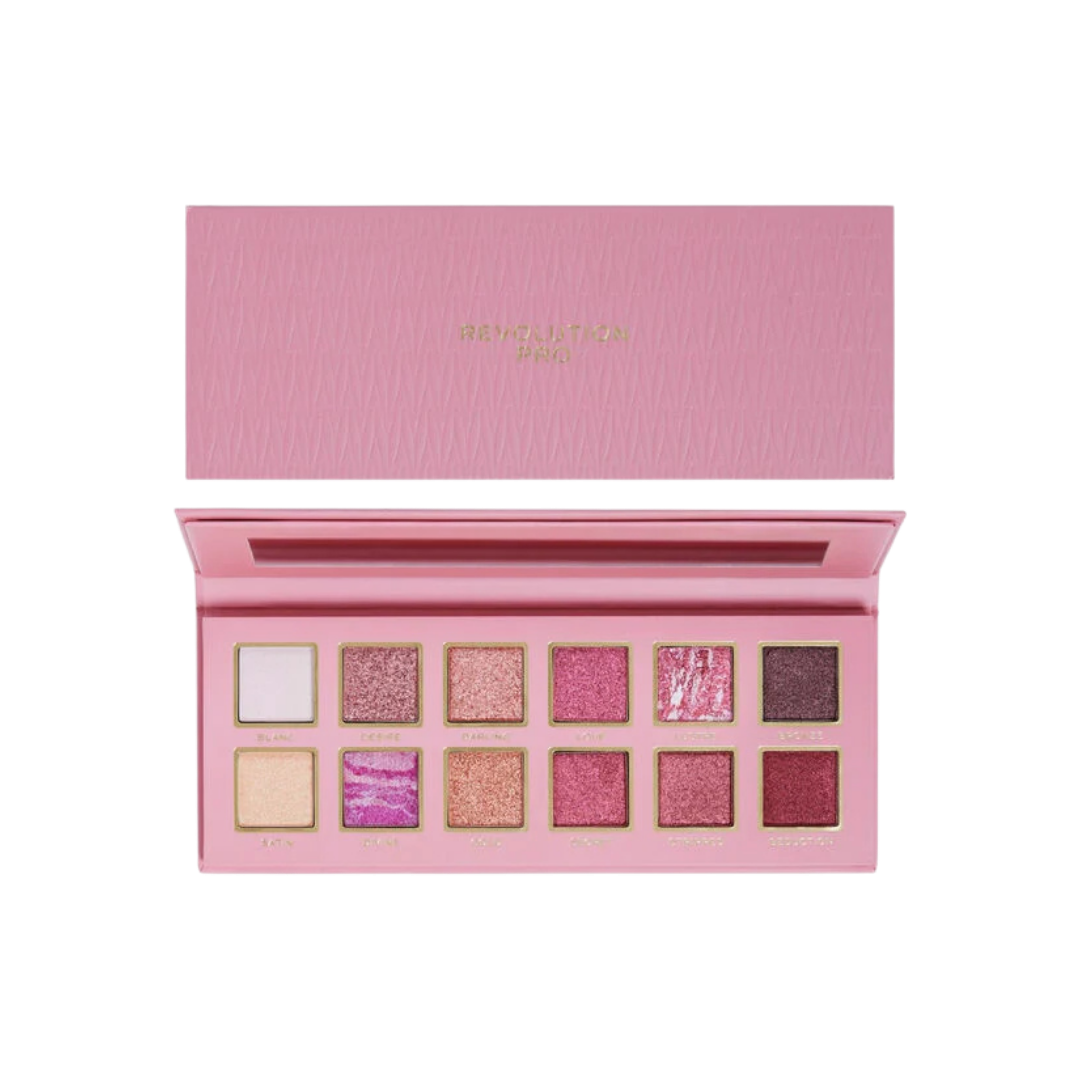 Revolution Pro Iconic Undress eyeshadow palette, twelve shades, pink rectangular compact with mirror and gold lettering