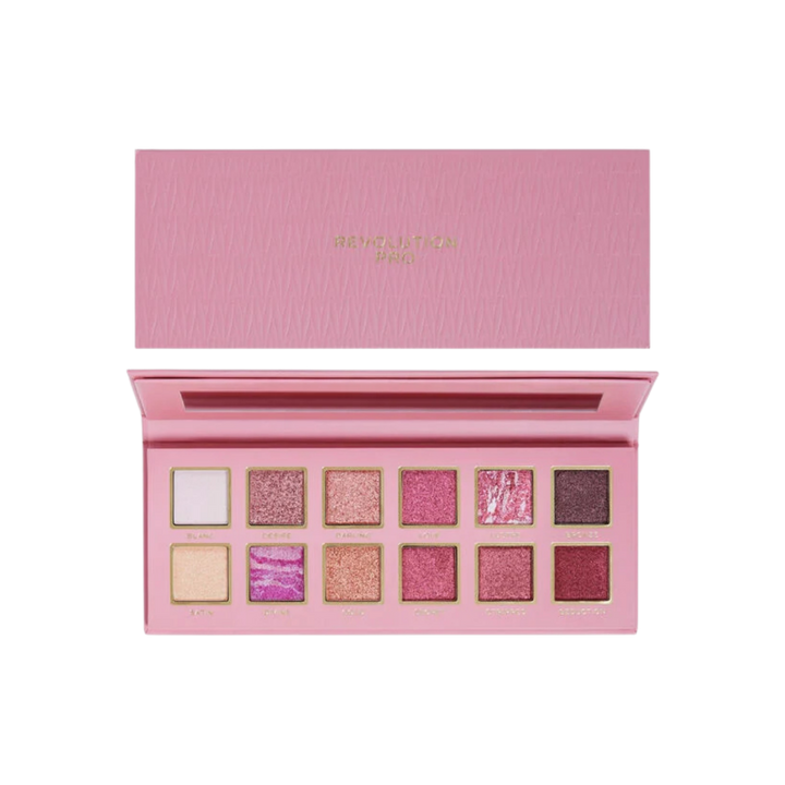 Revolution Pro Iconic Undress eyeshadow palette, twelve shades, pink rectangular compact with mirror and gold lettering