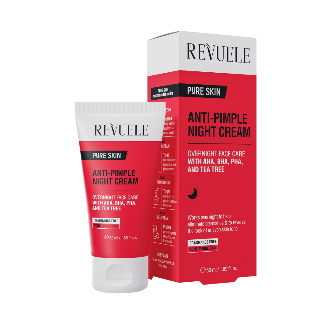 REVUELE Anti-Pimple Night Cream, 50 ml, with AHA, BHA, PHA, and Tea Tree, fragrance-free, acne-prone skin.
